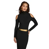 Belted Mockneck Cold-Shoulder Ribbed Midi Dress