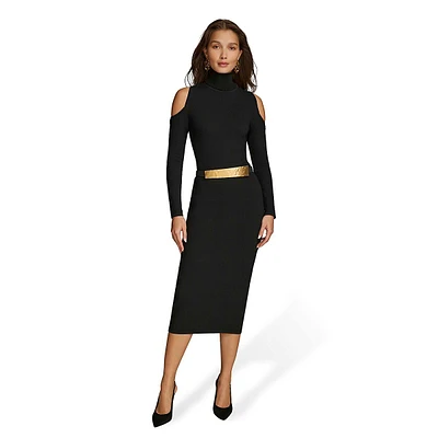 Belted Mockneck Cold-Shoulder Ribbed Midi Dress