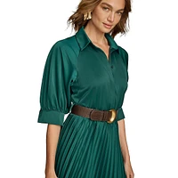 Belted Pleated Shirt Dress