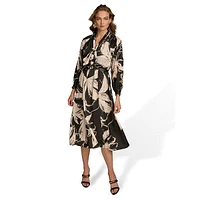 Floral-Print Satin Tie-Neck Belted Midi Dress