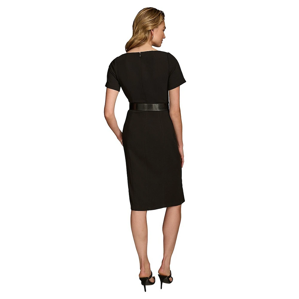 V-Neck Crepe Belted Sheath Dress