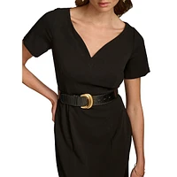 V-Neck Crepe Belted Sheath Dress