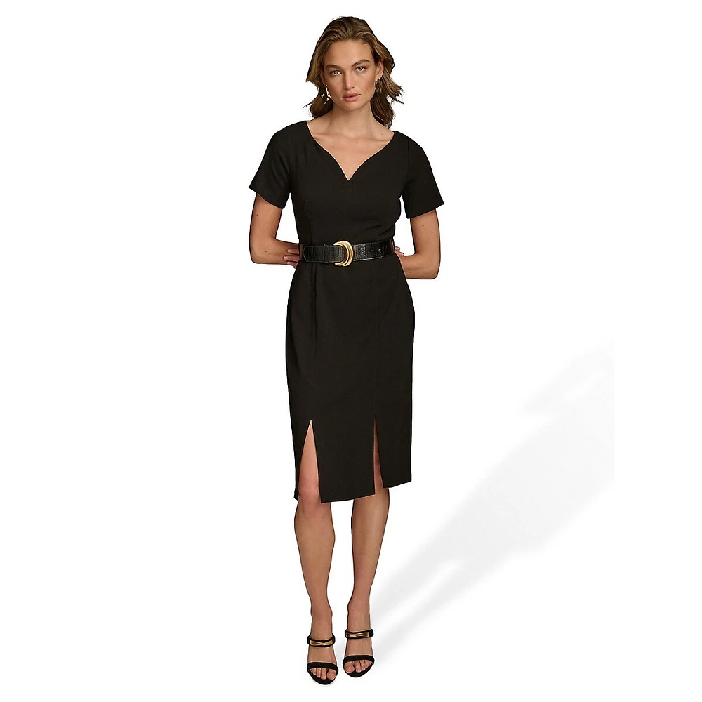 V-Neck Crepe Belted Sheath Dress