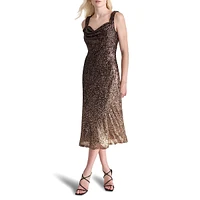 Cowl-Neck Sequin Midi Dress