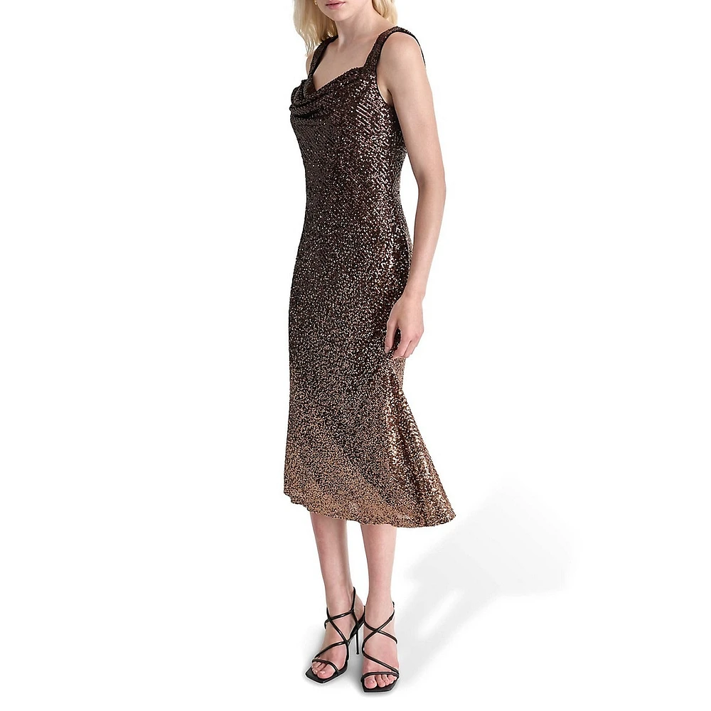 Cowl-Neck Sequin Midi Dress