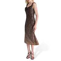 Cowl-Neck Sequin Midi Dress