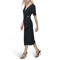 Embellished Knot Surplice Faux Wrap Dress