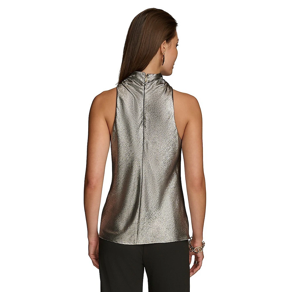 Metallic High-Cowlneck Sleeveless Top