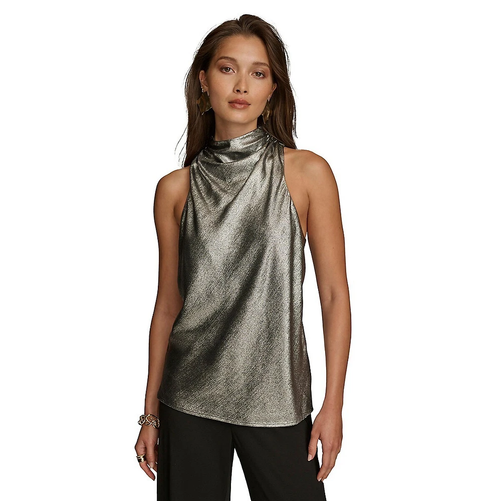 Metallic High-Cowlneck Sleeveless Top