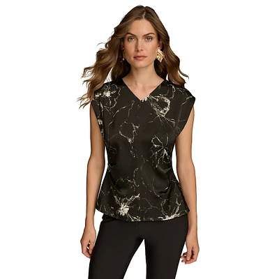 Printed Cap-Sleeve Top With Waist Darts