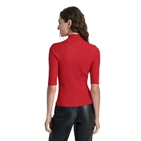 Mockneck Elbow-Sleeve Rib-Knit Sweater