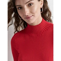 Mockneck Elbow-Sleeve Rib-Knit Sweater