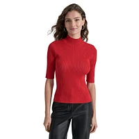 Mockneck Elbow-Sleeve Rib-Knit Sweater