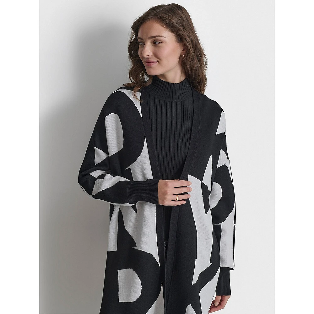 Open-Front Monogram-Print Longline Cardigan