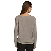 Boatneck Batwing-Sleeve Ribbed Sweater