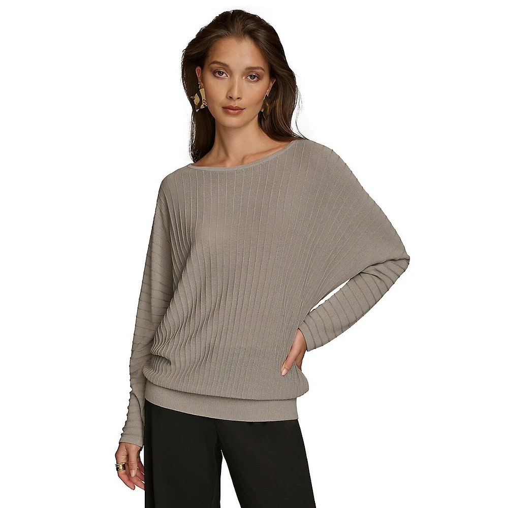 Boatneck Batwing-Sleeve Ribbed Sweater