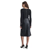 Mixed Media Rib-Knit & Faux Leather Dress