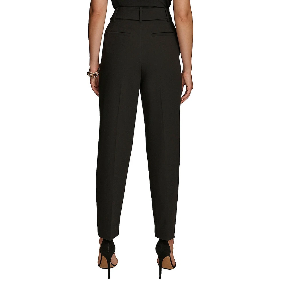 Belted Pleated Straight-Leg Dress Pants