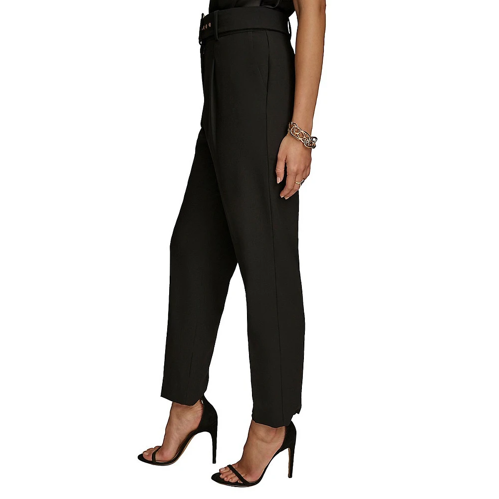 Belted Pleated Straight-Leg Dress Pants