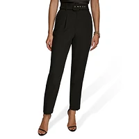 Belted Pleated Straight-Leg Dress Pants