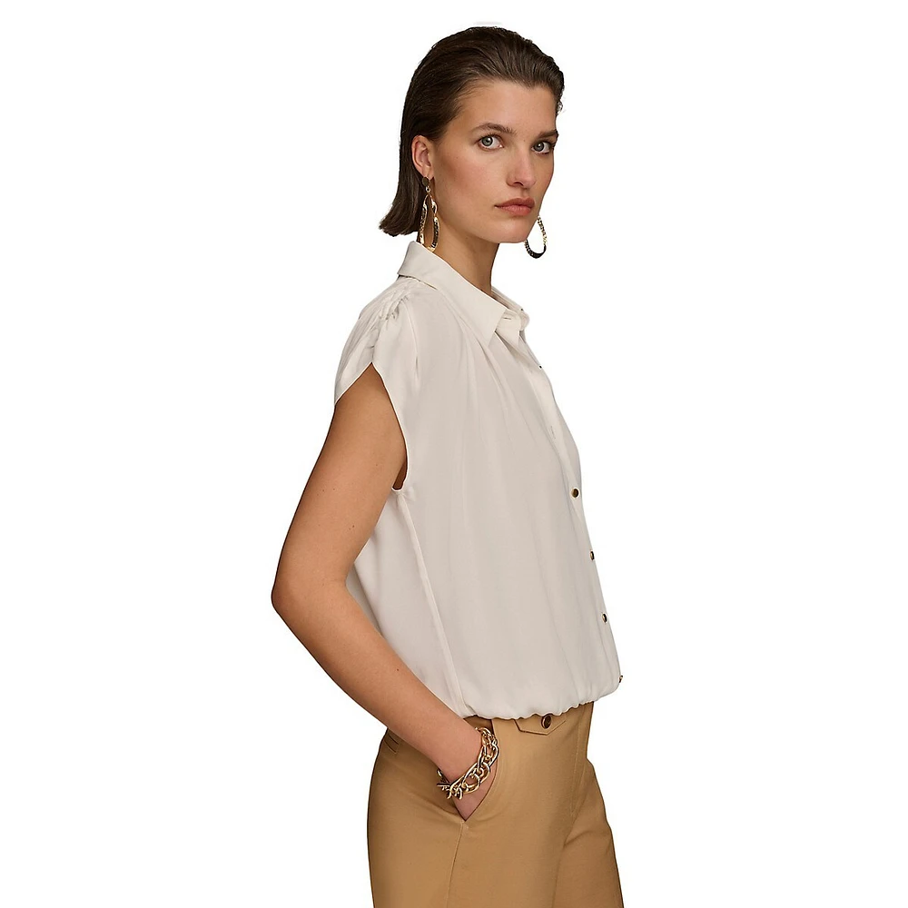 Cinched-Shoulder Short-Sleeve Blouse