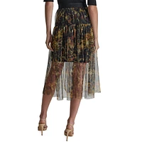 Print Tulle Overlay Pull-On Midi Skirt