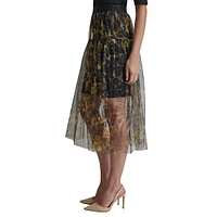 Print Tulle Overlay Pull-On Midi Skirt