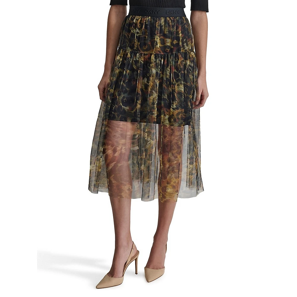 Print Tulle Overlay Pull-On Midi Skirt