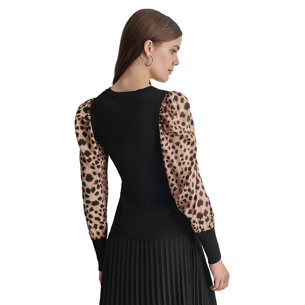 Cheetah-Print-Sleeve Ribbed Sweater