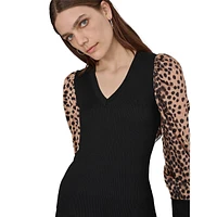 Cheetah-Print-Sleeve Ribbed Sweater