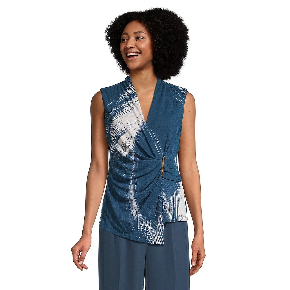 Print Sleeveless Faux-Wrap Top