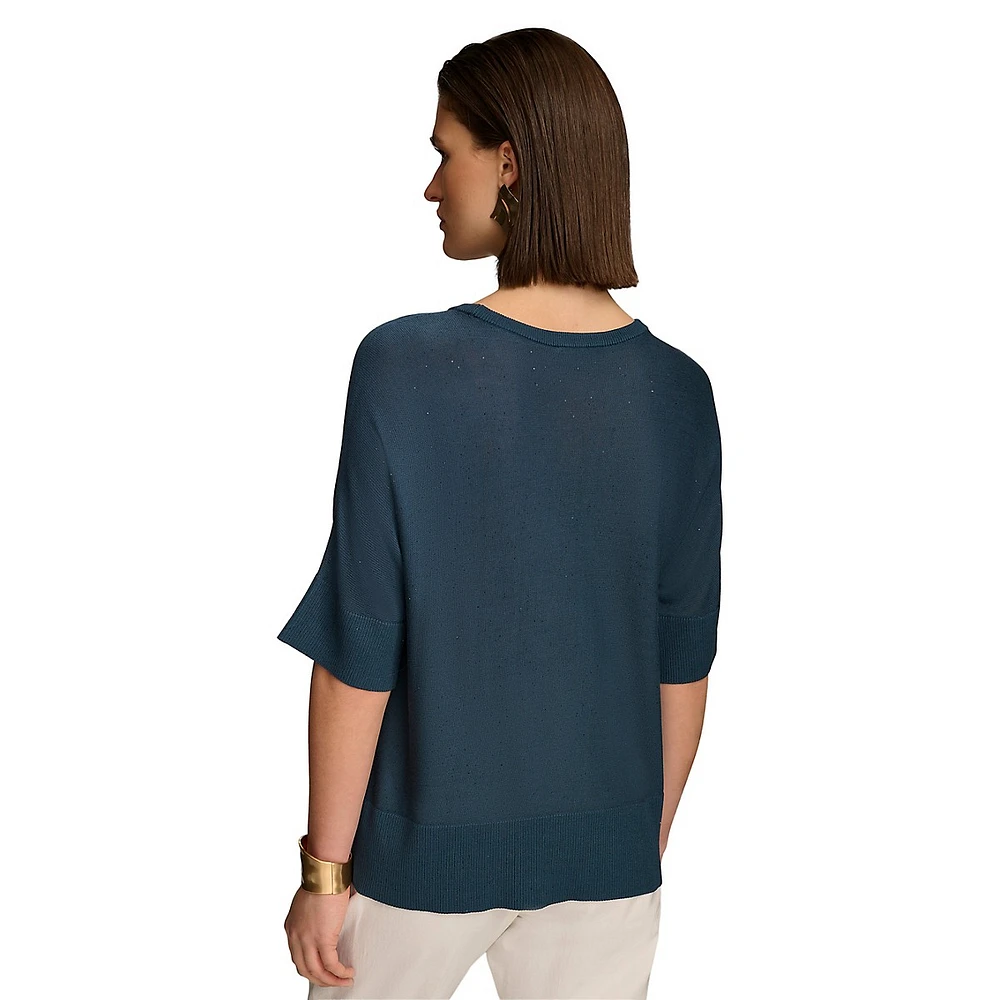 Rib-Trim Sequin-Knit Top