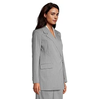 Pinstriped Side-Tie Double-Breasted Suit Blazer