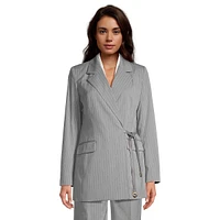 Pinstriped Side-Tie Double-Breasted Suit Blazer