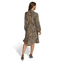 Abstract-Print Long-Sleeve Midi Shirt Dress