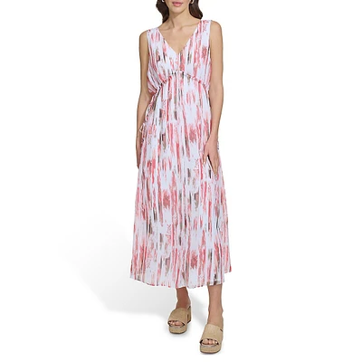 Sleeveless V-Neck Printed Chiffon Empire Dress