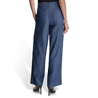 Belted Wide-Leg Denim Cargo Pants