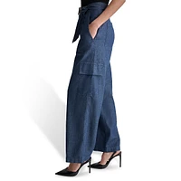 Belted Wide-Leg Denim Cargo Pants