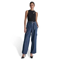 Belted Wide-Leg Denim Cargo Pants