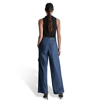 Belted Wide-Leg Denim Cargo Pants