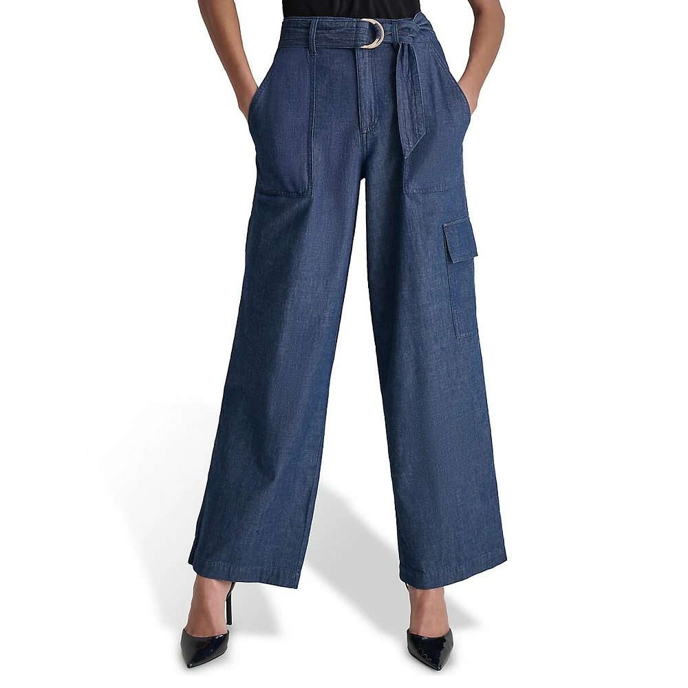 Belted Wide-Leg Denim Cargo Pants