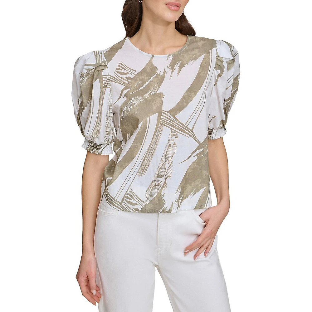 Printed Voile Puff-Sleeve Blouse