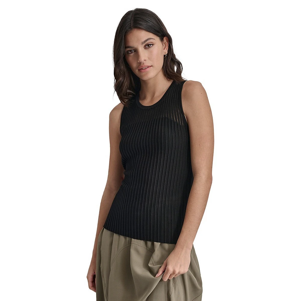 Sleeveless Semi-Sheer Rib-Knit Top