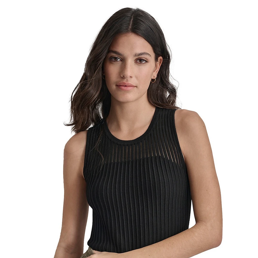 Sleeveless Semi-Sheer Rib-Knit Top