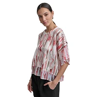 Printed Dolman-Sleeve Mixed-Media Top