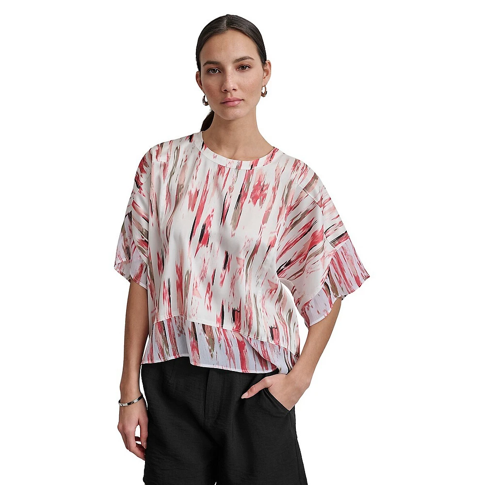 Printed Dolman-Sleeve Mixed-Media Top