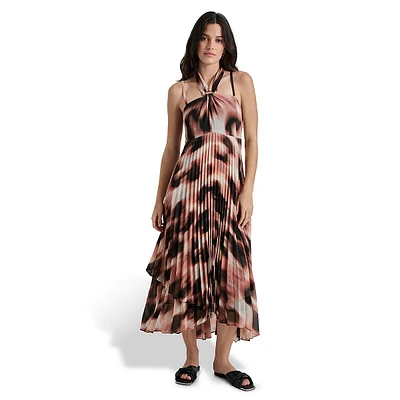 Printed Chiffon Pleated Halter Maxi Dress