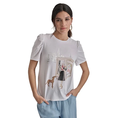 Puff-Sleeve Newstand Graphic T-Shirt