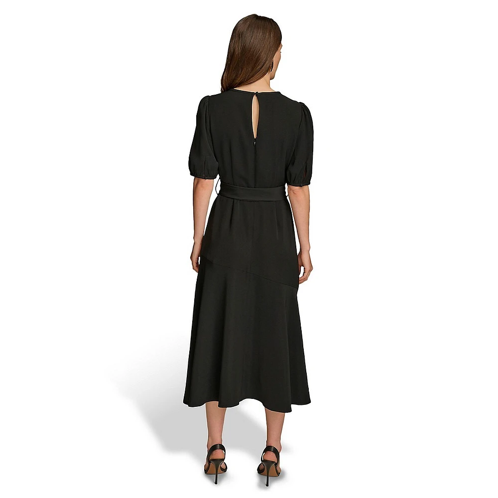 Gathered-Neck Puff-Sleeve Tie-Waist Midi Dress