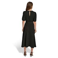 Gathered-Neck Puff-Sleeve Tie-Waist Midi Dress